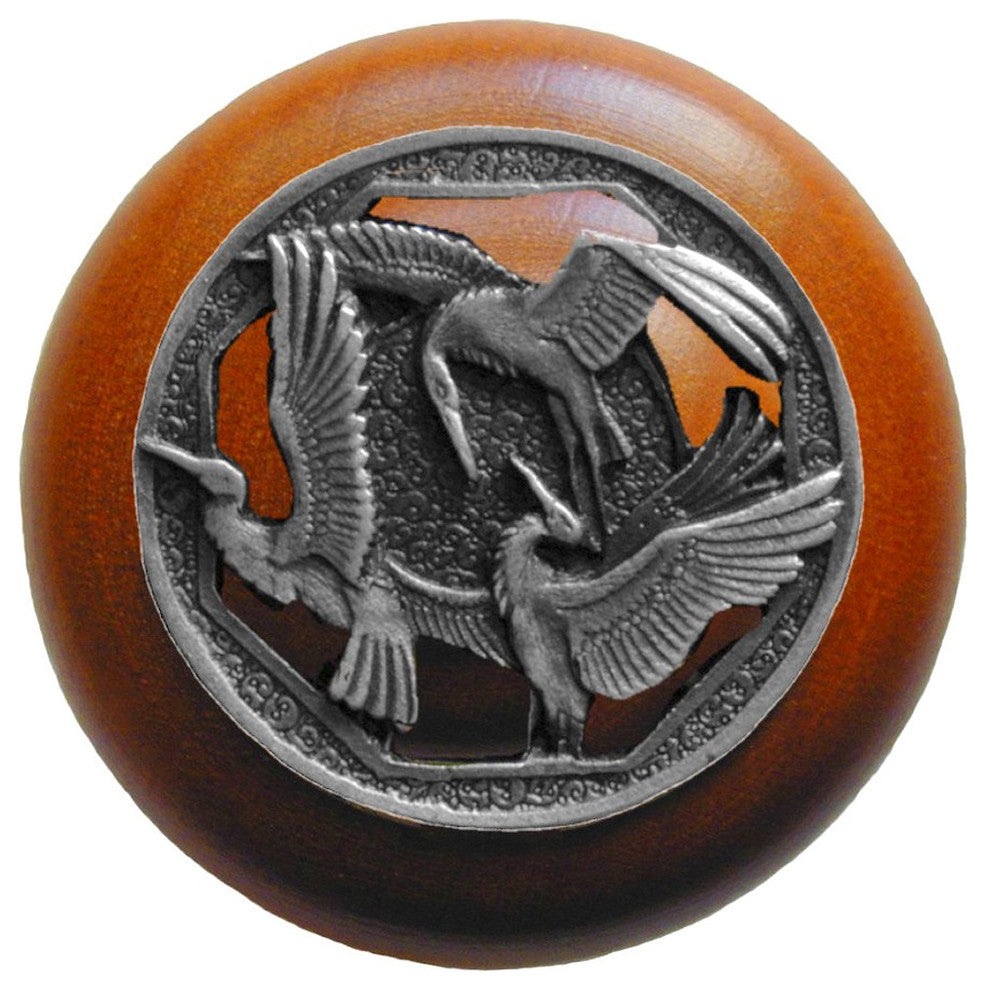 Crane Dance Wood Knob, Antique Brass, Cherry Wood Finish, Antique Pewter