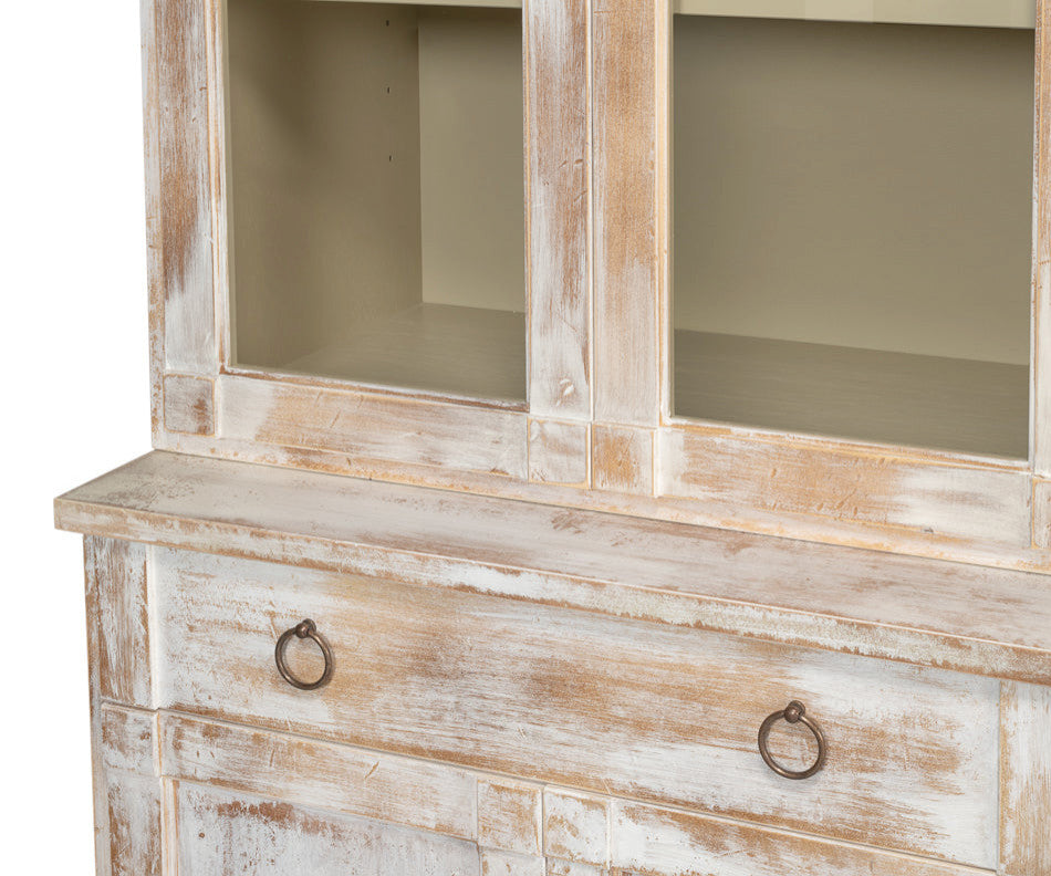 Close-up of lower drawer area with weathered finish and hardware.