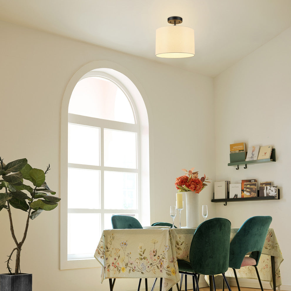 Jonas 1-Light Matte Black Flush Mount Ceiling Light with Beige Linen Shade