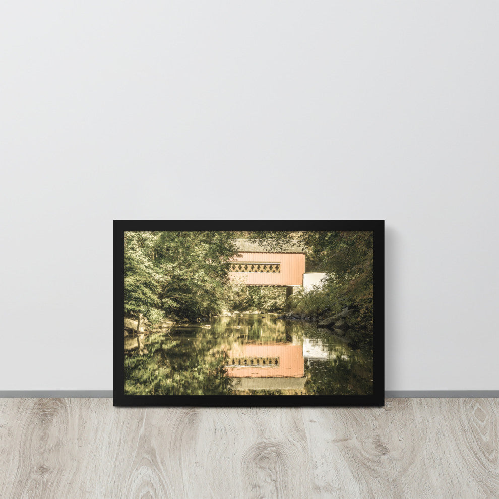 The Reflections of Wooddale Covered Bridge Aged Framed Photo Wall Art Print, Black, 12" X 18"