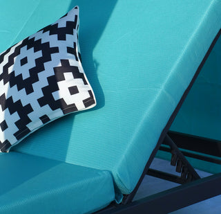 Outdoor Dual Chaise Lounger Cushioned Sunbed With Adjustable Curtains & Canopy, Cyan