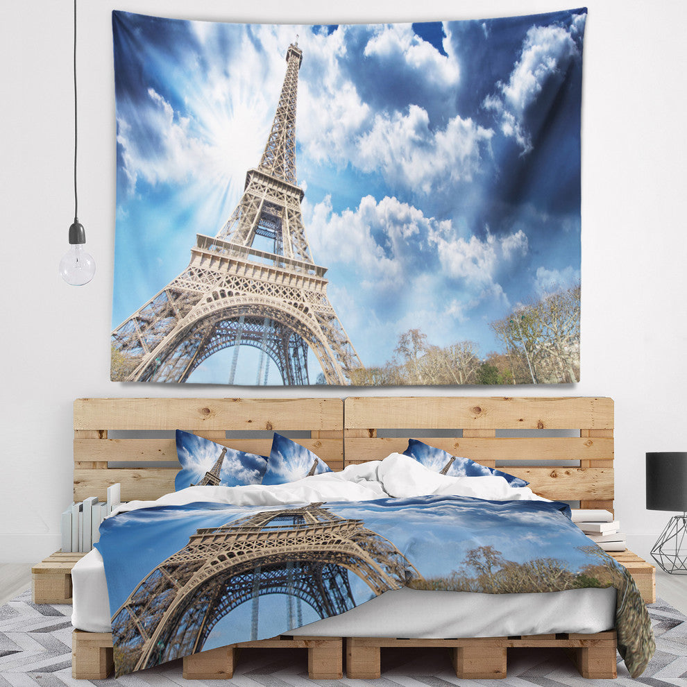 Eiffel Under Blue Sky Skyline Photography Wall Tapestry, 92"x78"