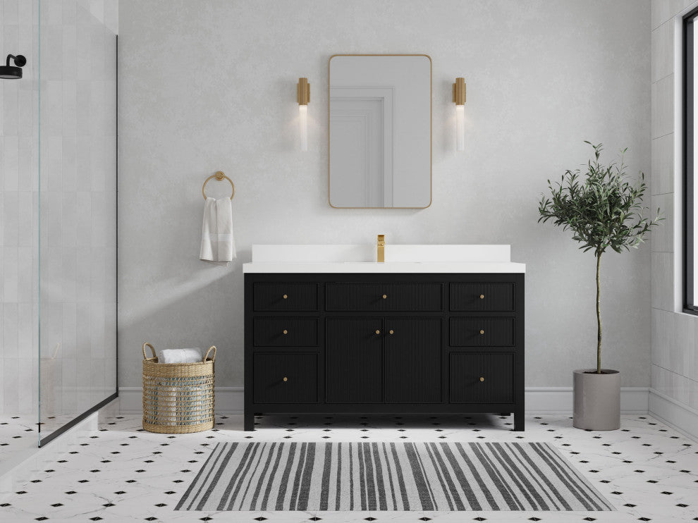 Sonoma 60 Single Sink Reeded Bathroom Vanity in Black 2" White Quartz