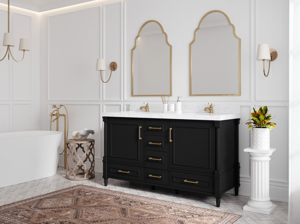 Aberdeen 60 Double Bathroom Vanity in Black 2" Carrara Quartz
