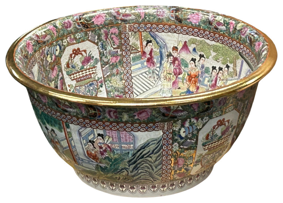 Vintage Chinese Famille Rose People House Graphic Porcelain Bowl Pot Hws4349