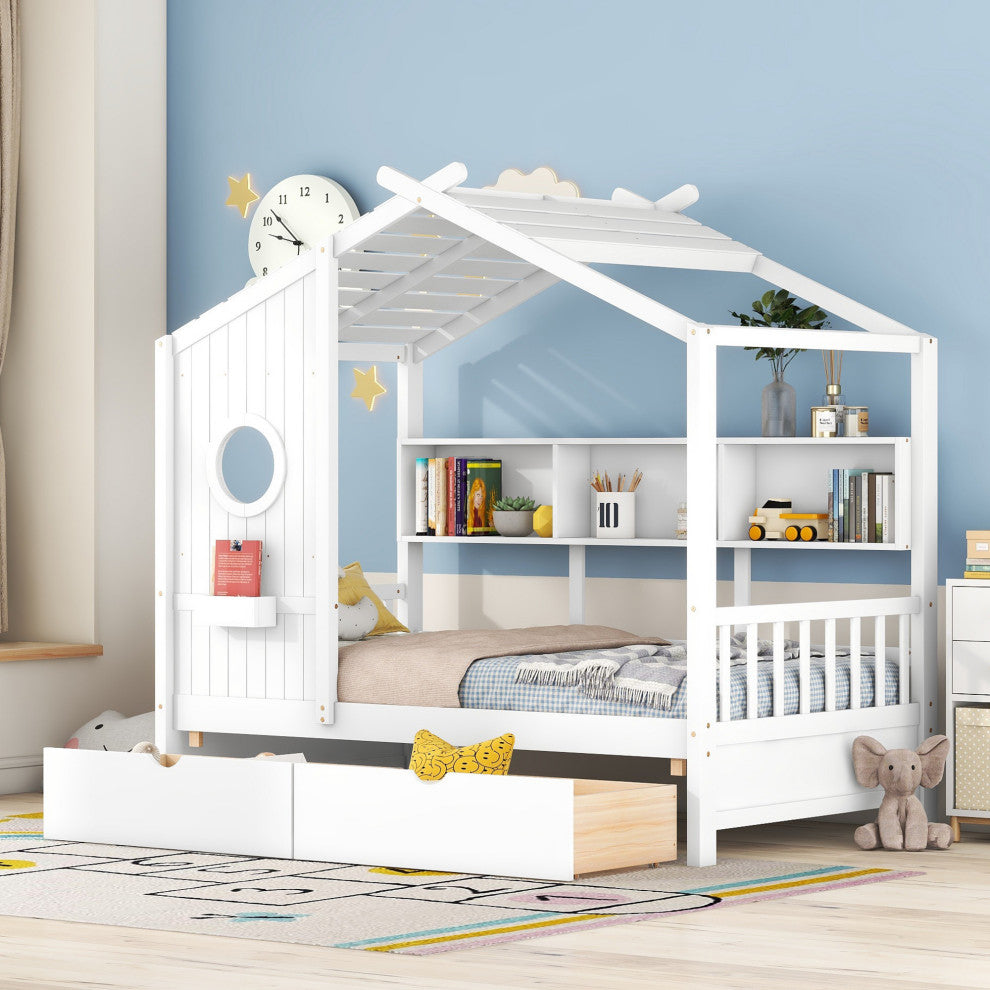 Gewnee  Wooden Twin Size House Bed with 2 Drawers