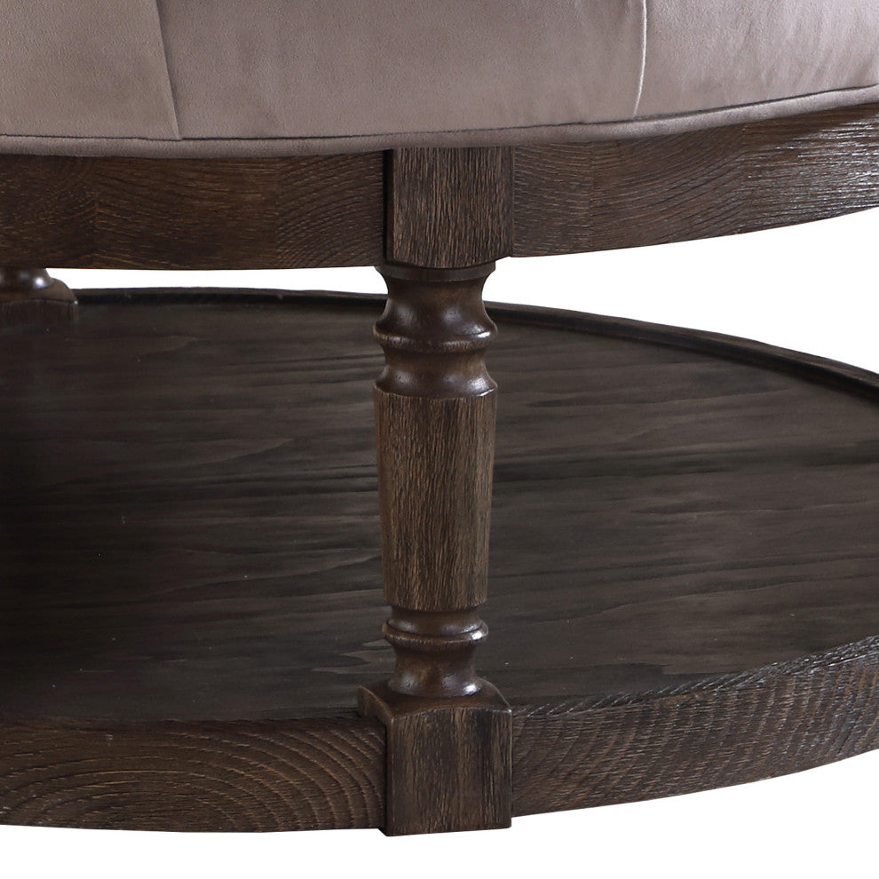 Smoked Rustic Gray Tufted Upholstered Round Ottoman, Grey Velvet