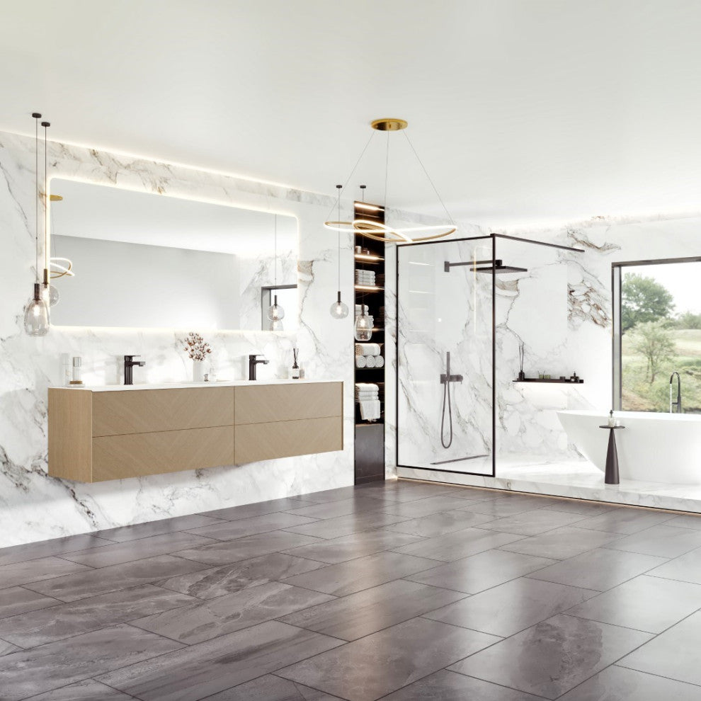 Lotus 71"W Oak Wallmount Vanity With White Solid Surface Int. Double Sink Top