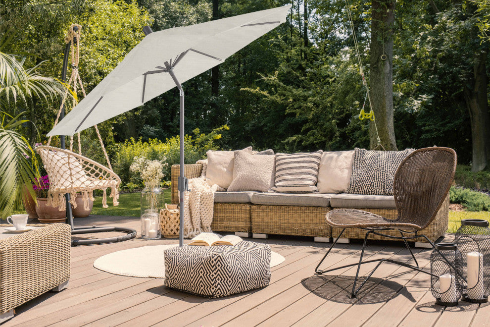 9' Round Push Tilt Market Umbrella, Grey Frame, Sunbrella, Natural