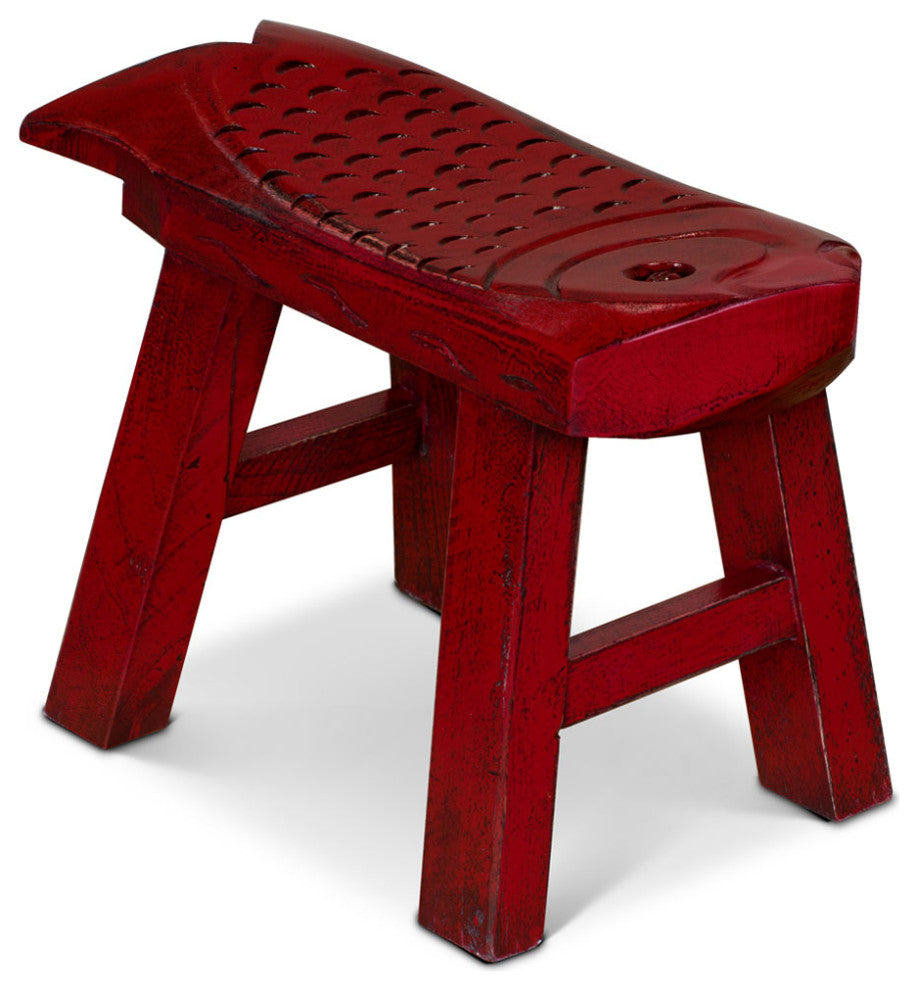 Hand Carved Distressed Red Wooden Carp Asian Stool