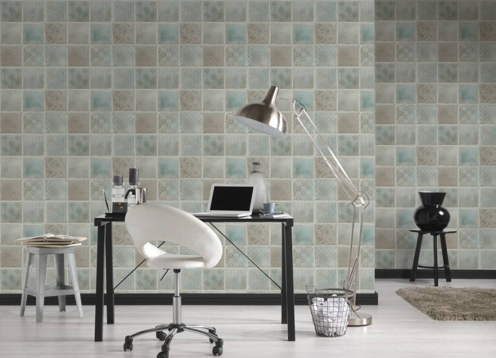 Textured Wallpaper, Flower Ornaments, Blue Green Gray Silver, 1 Roll