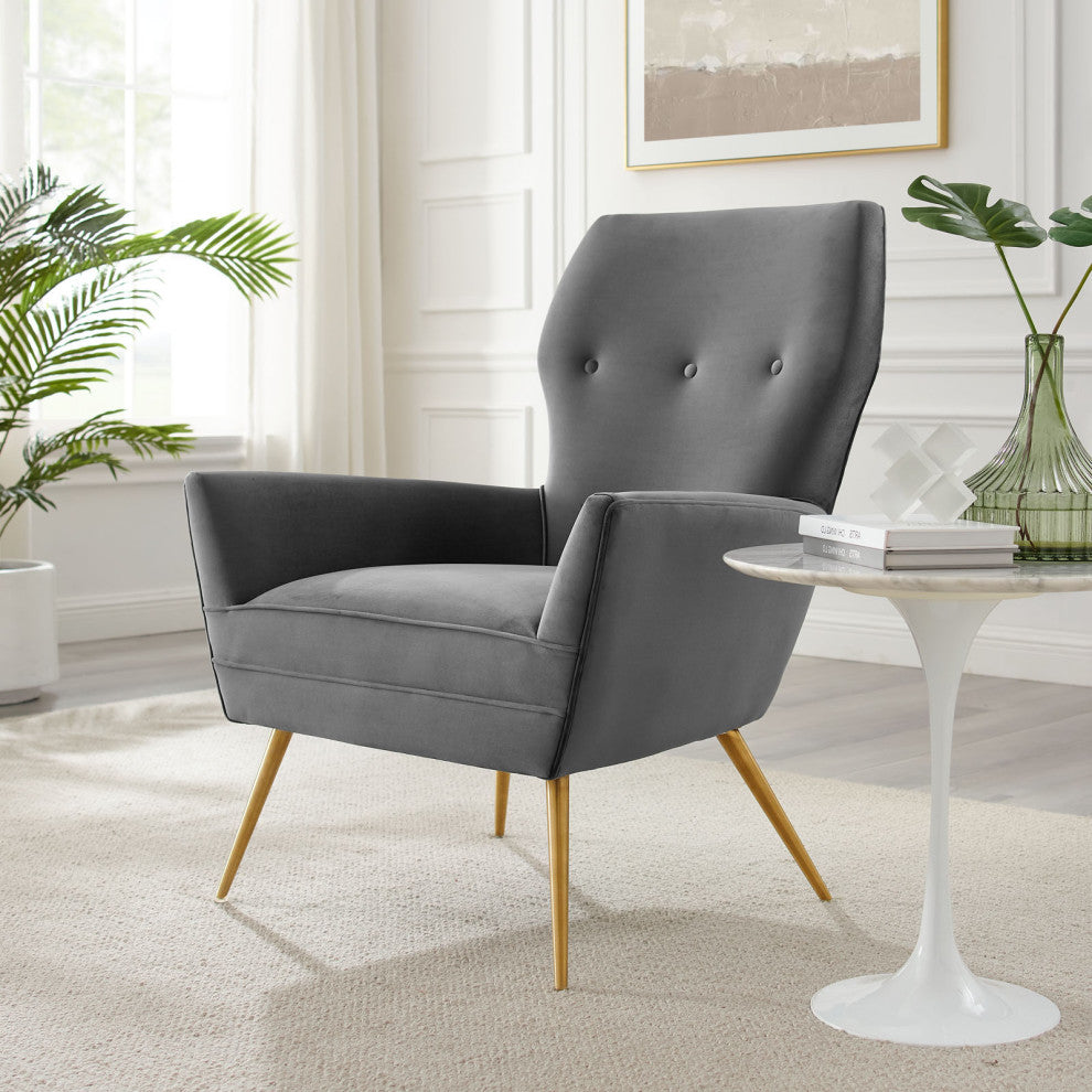 Armchair Accent Tufted Chair, Gray, Velvet, Modern, Mid Century Lounge