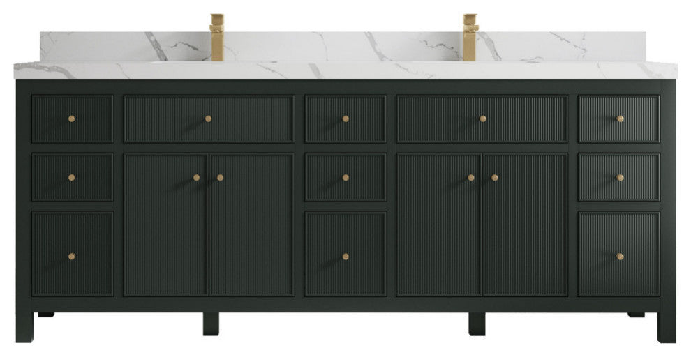 Sonoma 84 Double Sink Reeded Bath Vanity in Dark Forest Green 2" Calacatta Laza