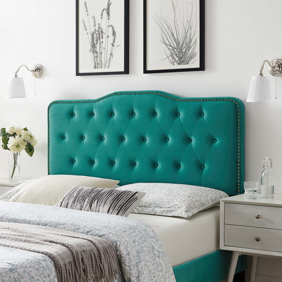 Tufted Headboard, Full Queen Size, Velvet, Teal Blue, Modern Contemporary