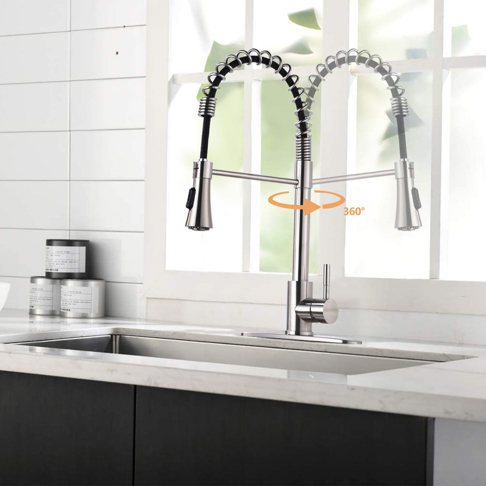 Single Handle Deck Mounted Spring Neck Pull Down Kitchen Faucet with Sprayer, Br