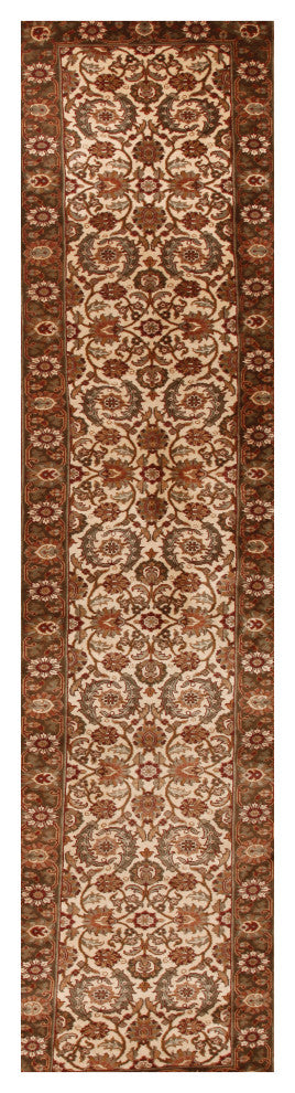 Agra Lacy Traditional Floral Beige Wool Hand Knotted Rug, 2' 6"x15'