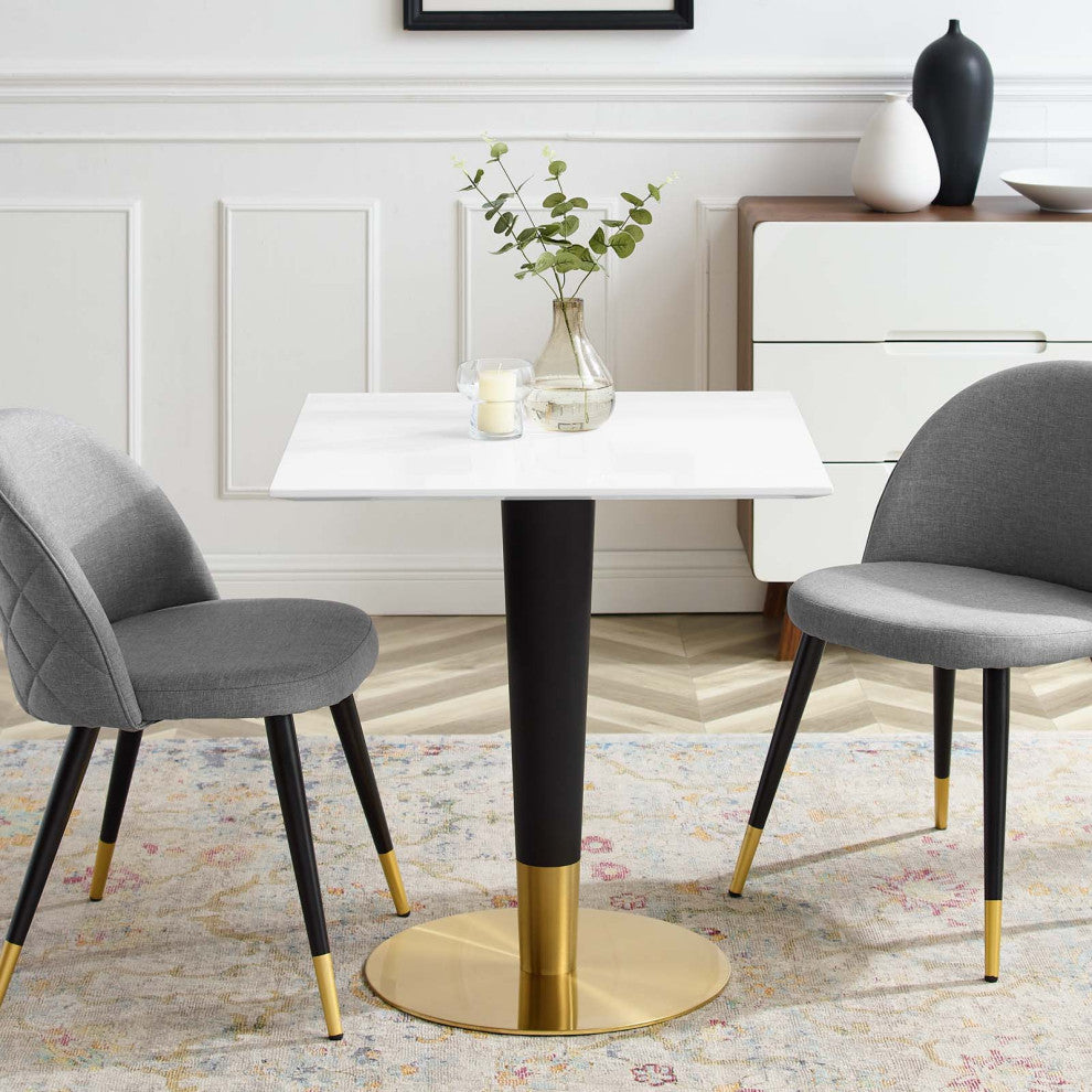 Dining Table, Square, Wood, Metal, Gold White, Modern, Cafe Bistro Restaurant