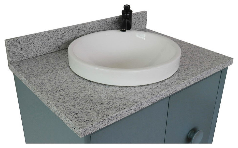 31" Single Wall Mount Vanity, Aqua Blue Finish With Gray Granite Top