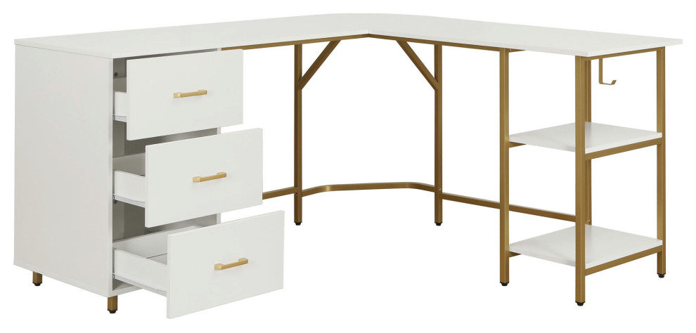 Techni Mobili L-Shape Home Office Two-Tone Desk with Storage, Gold