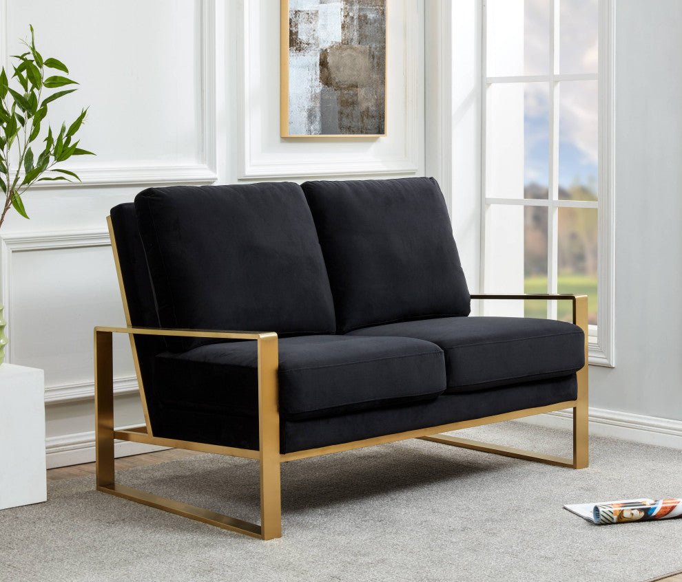 LeisureMod Jefferson Modern Design Velvet Loveseat With Gold Frame, Black