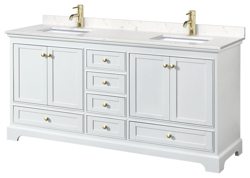 72"DBL Bath Vanity White, Carrara Cult. Marble Countertop, Sinks, Gold Trim