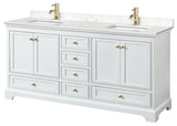 72"DBL Bath Vanity White, Carrara Cult. Marble Countertop, Sinks, Gold Trim