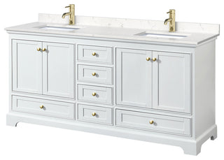 72"DBL Bath Vanity White, Carrara Cult. Marble Countertop, Sinks, Gold Trim