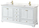 72"DBL Bath Vanity White, Carrara Cult. Marble Countertop, Sinks, Gold Trim