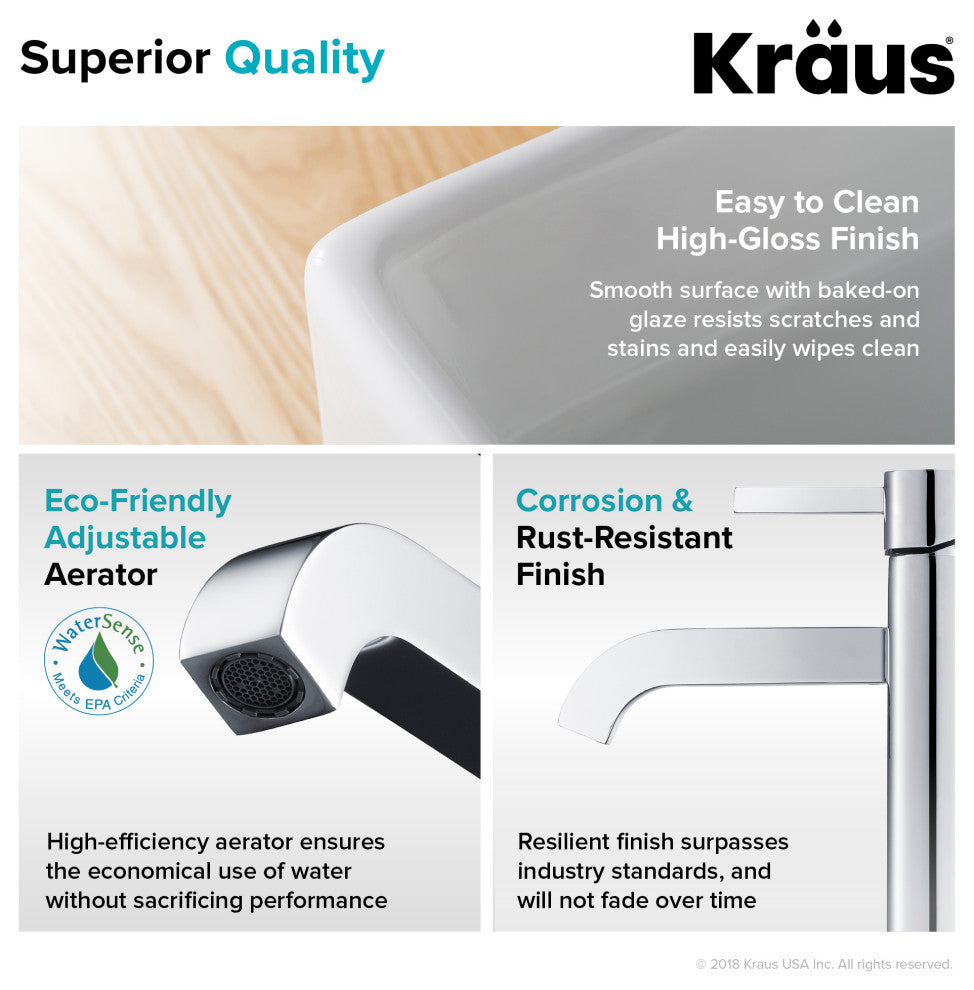 Elavo Square Ceramic Vessel Sink, Bathroom Ramus Faucet, PU Drain, Chrome