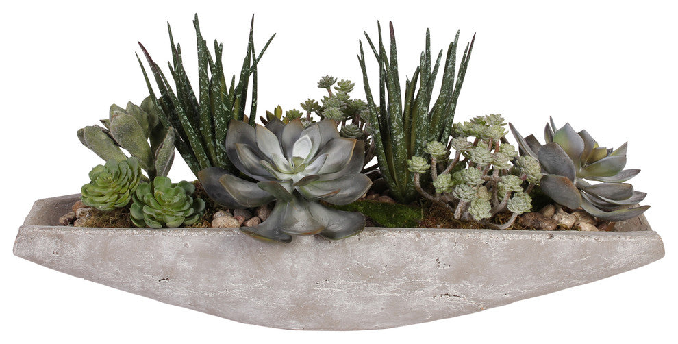 Assorted Artificial Succulents With Natural Pebbles, Stone Boat