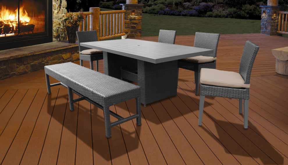Belle Rectangular Outdoor Patio Dining Table With 4 Chairs and 1 Bench Wheat