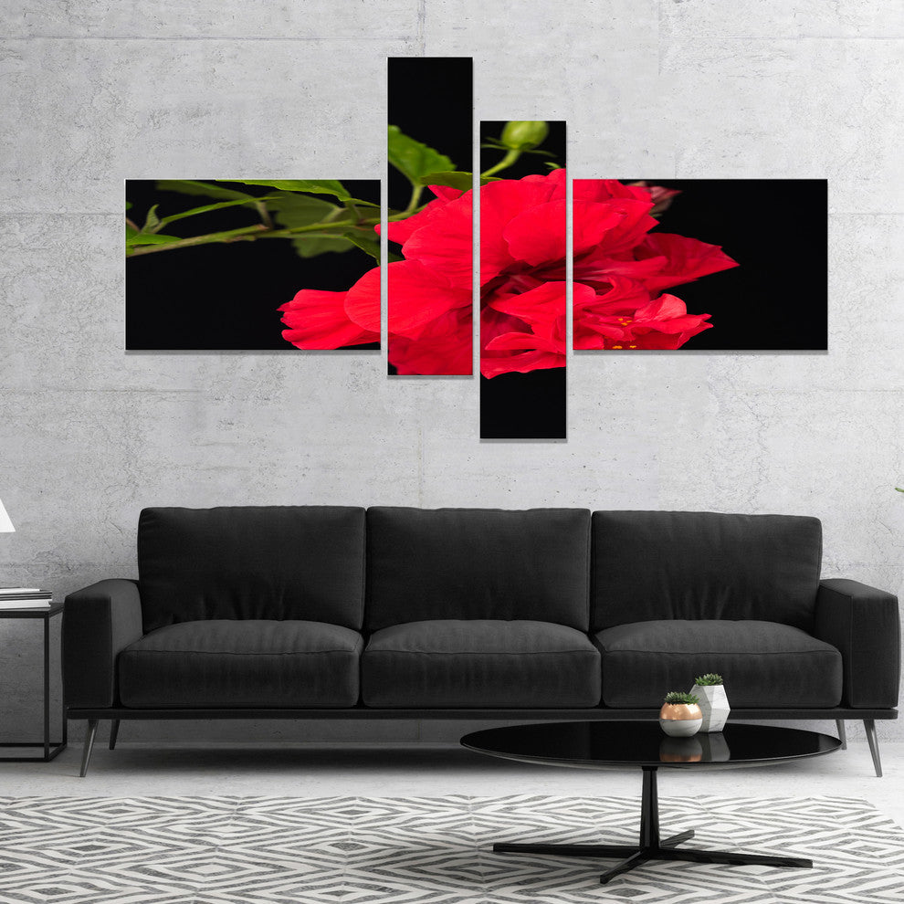 Bright Red Hibiscus on Black, Large Floral Canvas Art Print, 60"x32", 4 panels