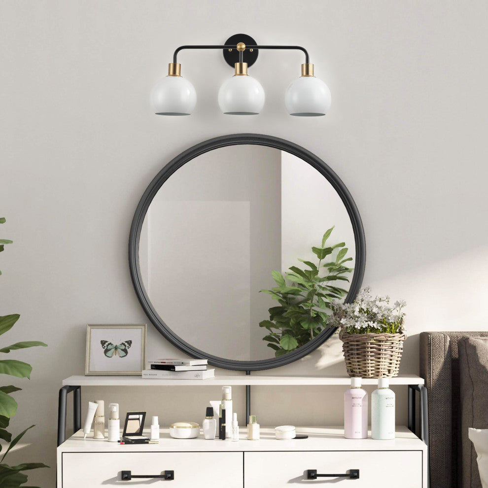 Modern Black 3-Light Bathroom Vanity Light with White Metal Shades