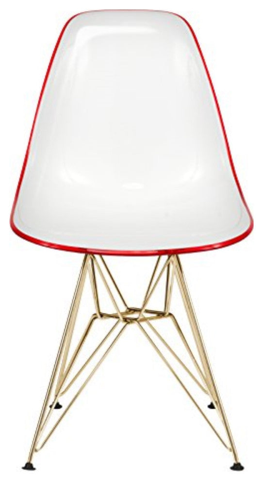 LeisureMod Cresco Molded 2-Tone Eiffel Side Chair With Gold Base White Red