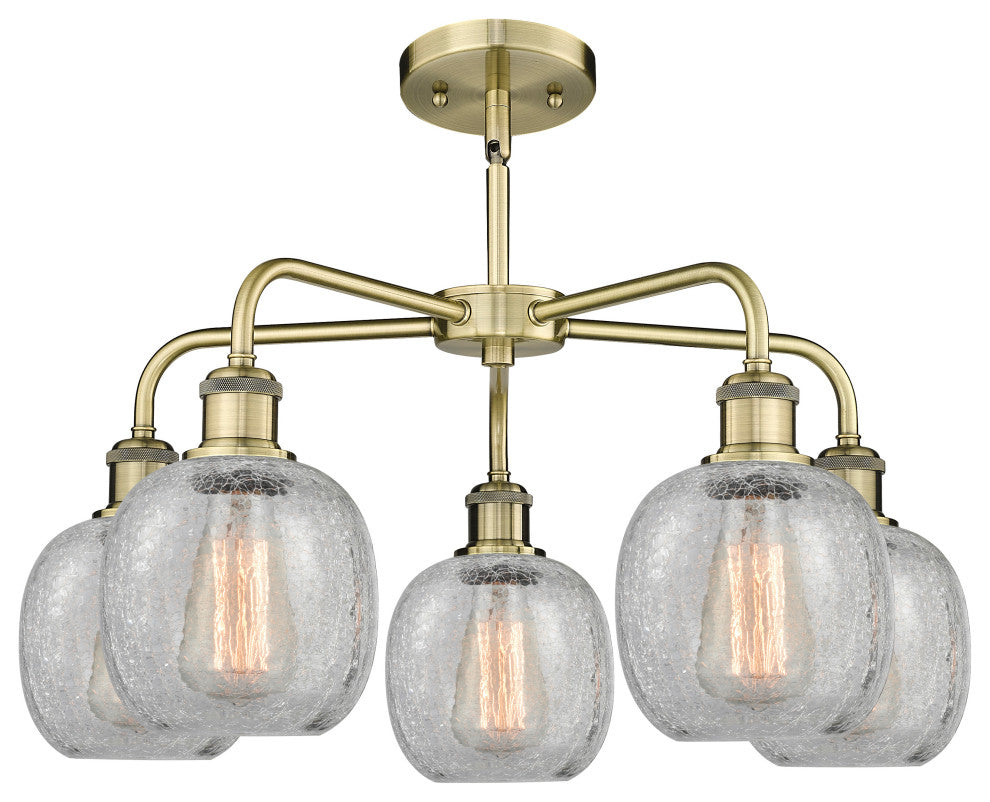 Belfast 5-Light 24" Stem Chandelier, Antique Brass, Clear Crackle