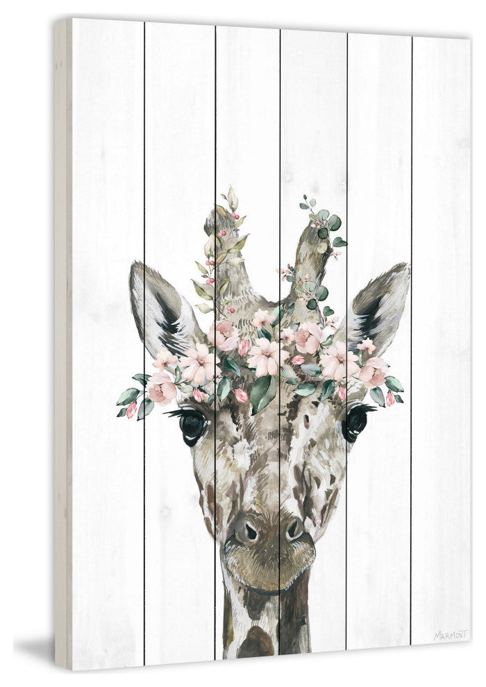 "Floral Crowned Giraffe" Painting Print on White Wood, 8x12