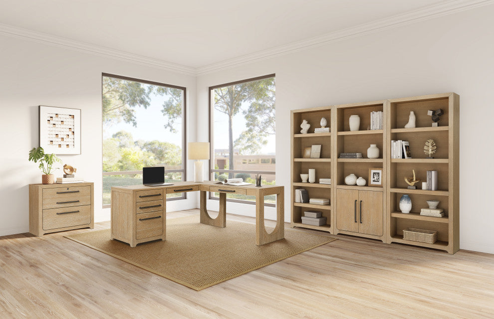 Modern Wood L-Shape Pedestal Desk With Right Facing Open Return, Light Brown