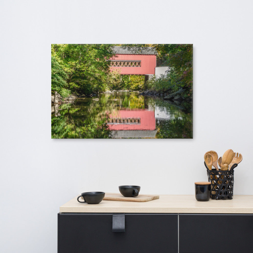 The Reflection of Wooddale Covered Bridge Canvas Wall Art Print, 24" X 36"