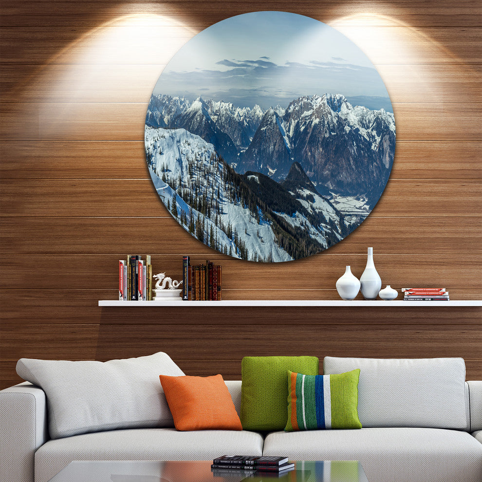 White Ski Slope Panoramic View, Landscape Disc Metal Artwork, 23"