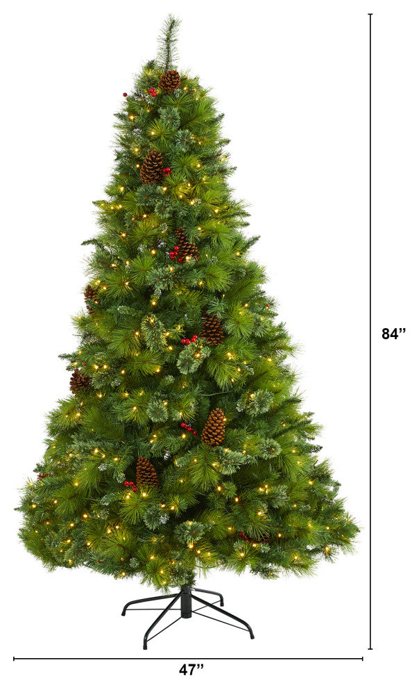 7' Montana Mixed Pine Faux Xmas Tree With Pine Cones, Berries & 500 Clear Lights