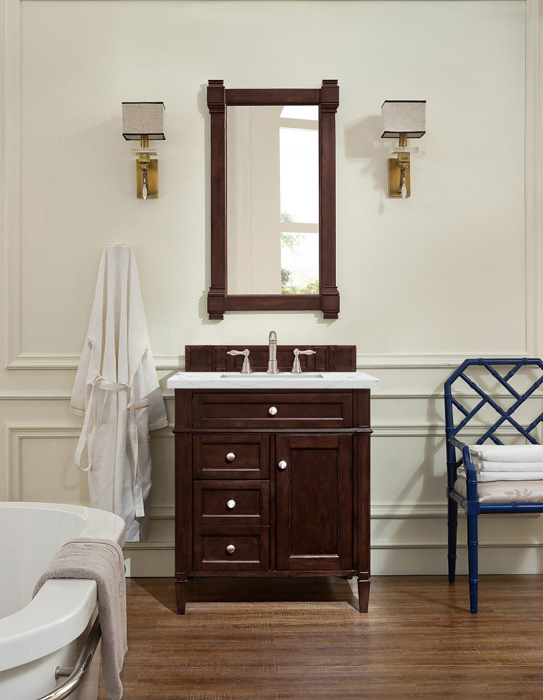 James Martin 650-V30-BNM-3ENC 30" Single Vanity Burnished Mahogany + Quartz Top