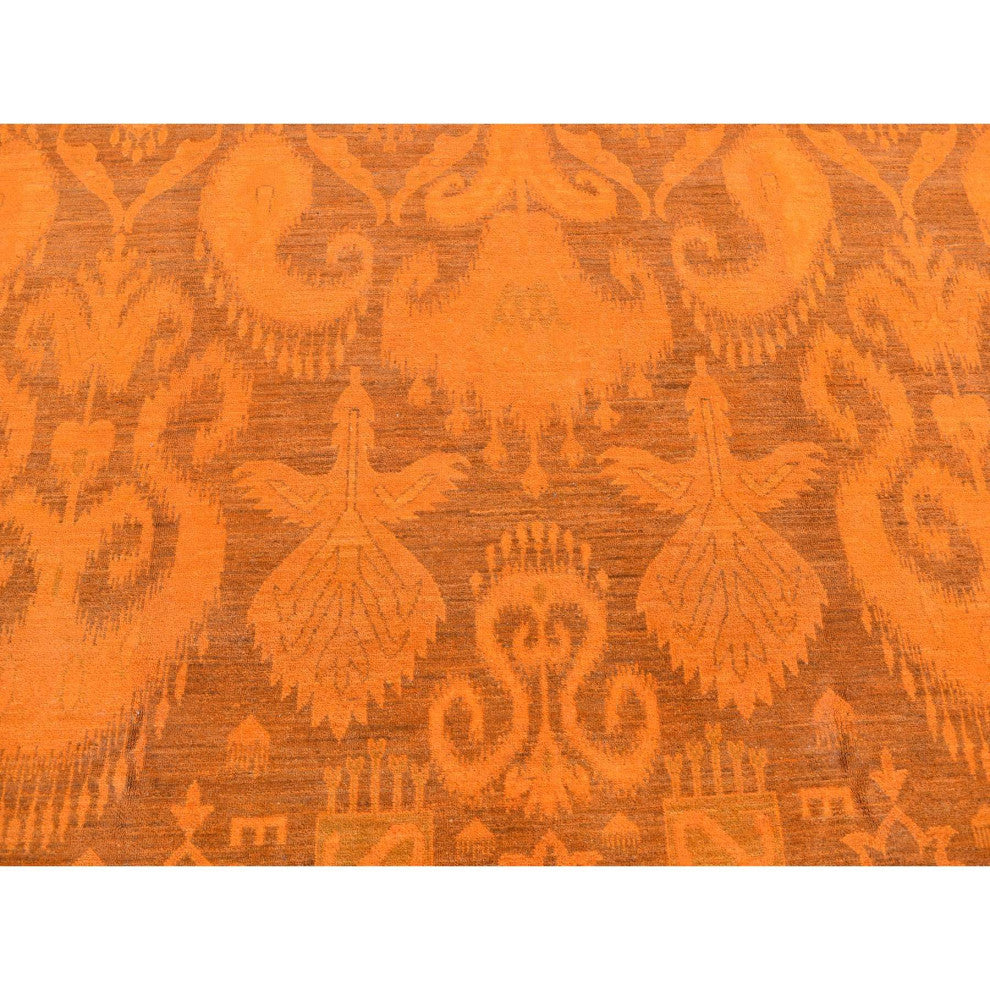 Hand Knotted Pure Wool, Orange Cast Overdyed Ikat Oriental Rug, 9'1"x12'3"