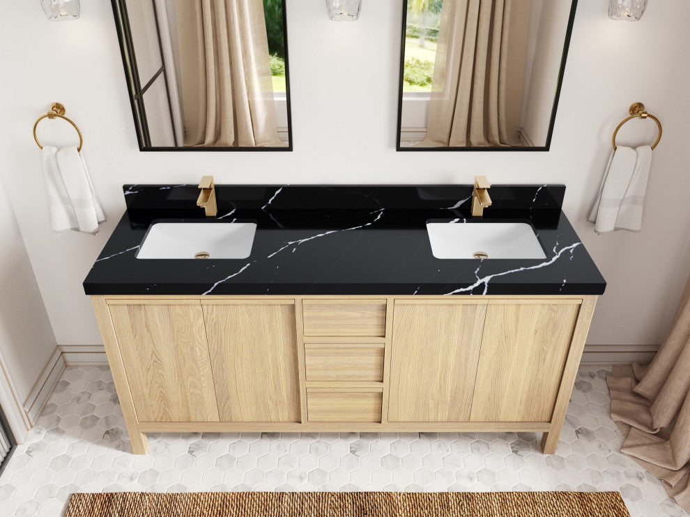 Elizabeth Oak 72" Double Sink Vanity, White 2" Calacatta Black