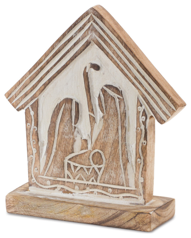 Wood Carved Nativity Barn, Set of 2