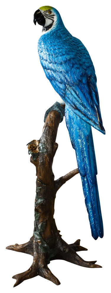 Giant Blue and White Parrot Standing on A Tree Bronze Statue 30" x 24" x 66"H