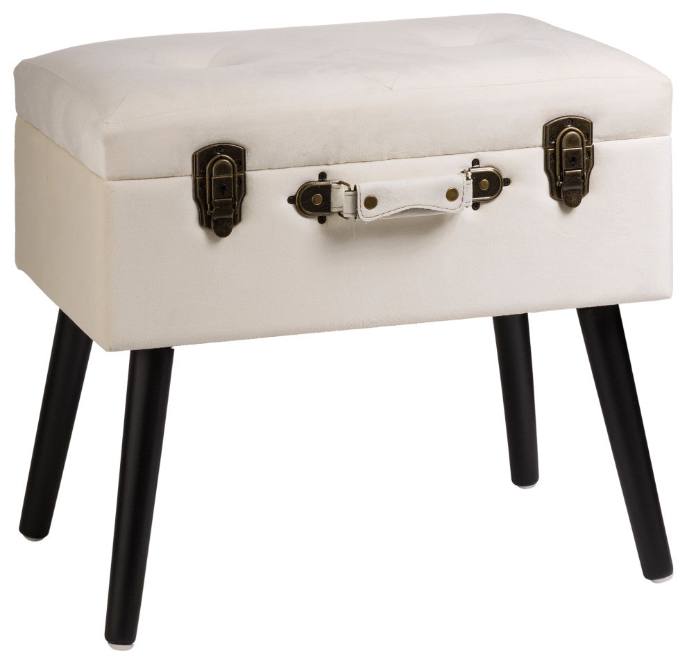 19.69"L Velvet Upholstered Storage Stool, Seashell White
