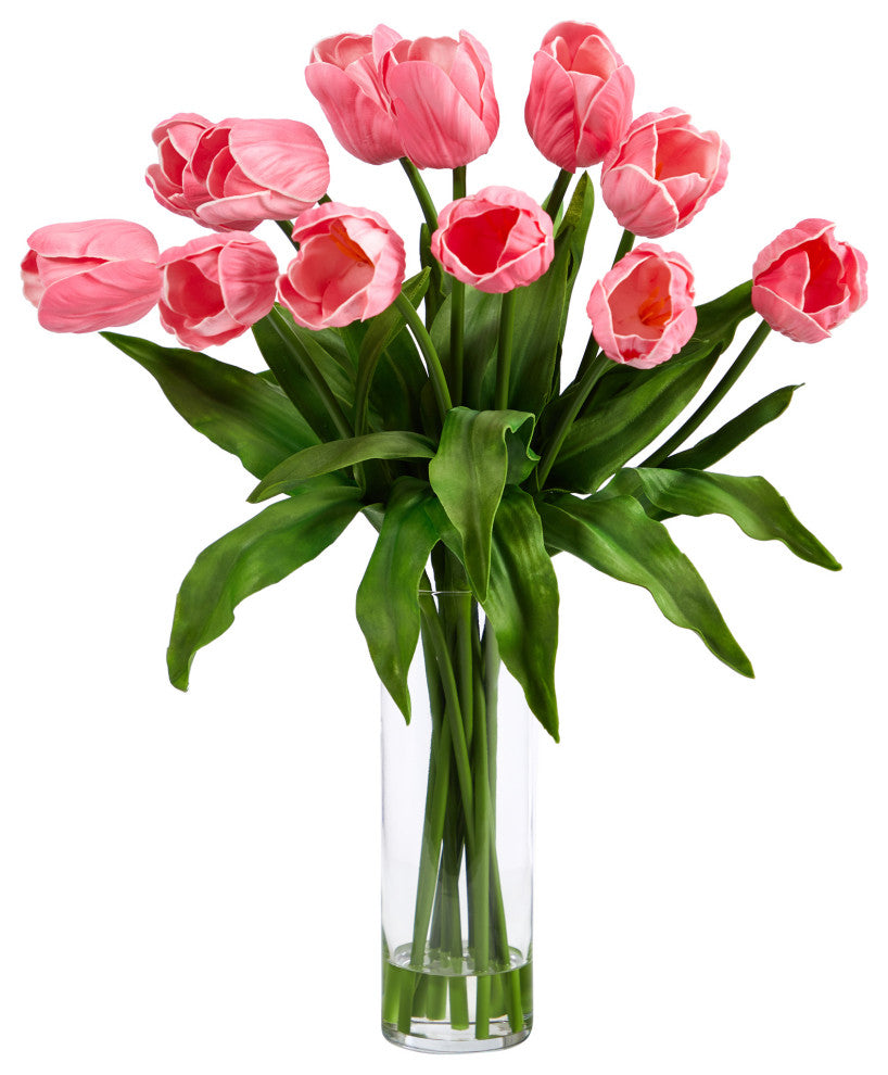 23in. Artificial Tulip Arrangement with Cylinder Glass Vase