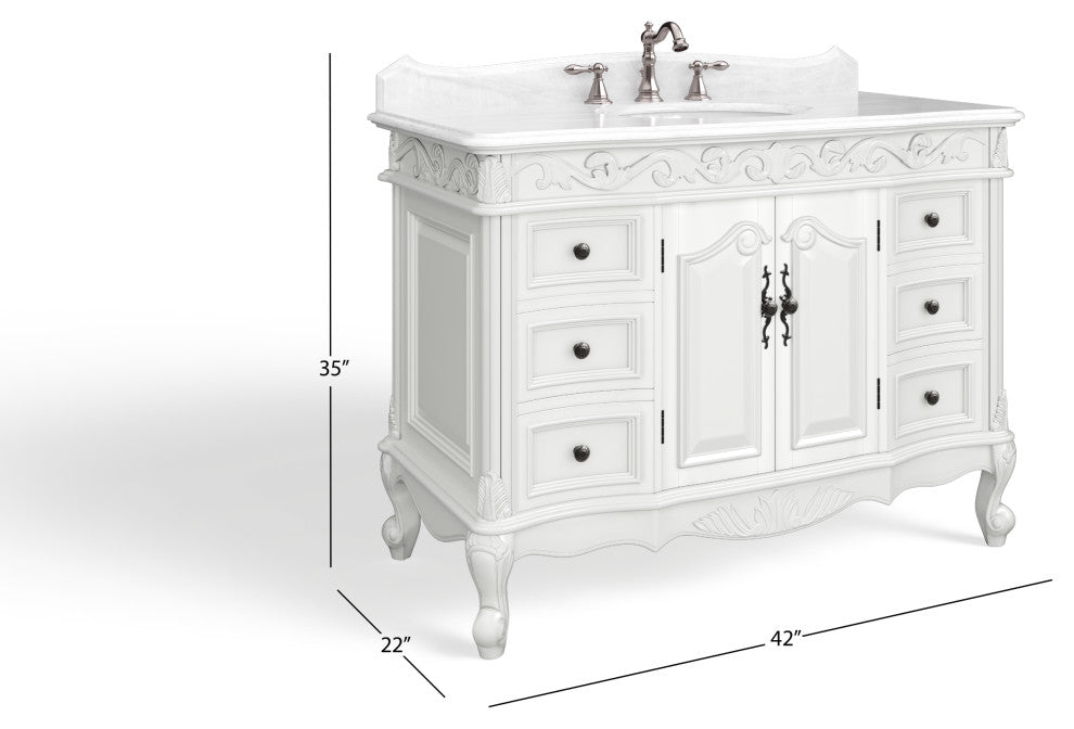 Antique White Traditional Style Single Sink Beckham Bathroom Vanity, White, 42", Single Sink, With Mirror, Freestanding