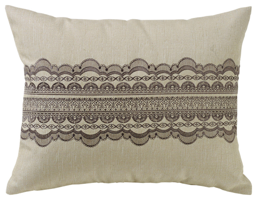 Tan Burlap With Grey Scallop Lace Design Pillow, 16x20