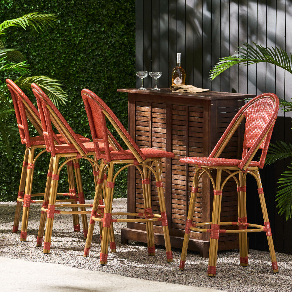 Cotterell Outdoor French Wicker and Aluminum 29.5" Barstools, Set of 4, Red/Bamboo Finish